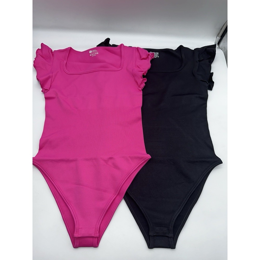 OQQ Women 2 Piece Bodysuits Ribbed Square Neck Ruffles Sleeve Stretch Fit Medium
